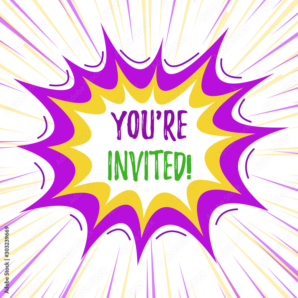 Obraz premium Text sign showing You Re Invited. Business photo text make a polite friendly request to someone go somewhere Asymmetrical uneven shaped format pattern object outline multicolour design