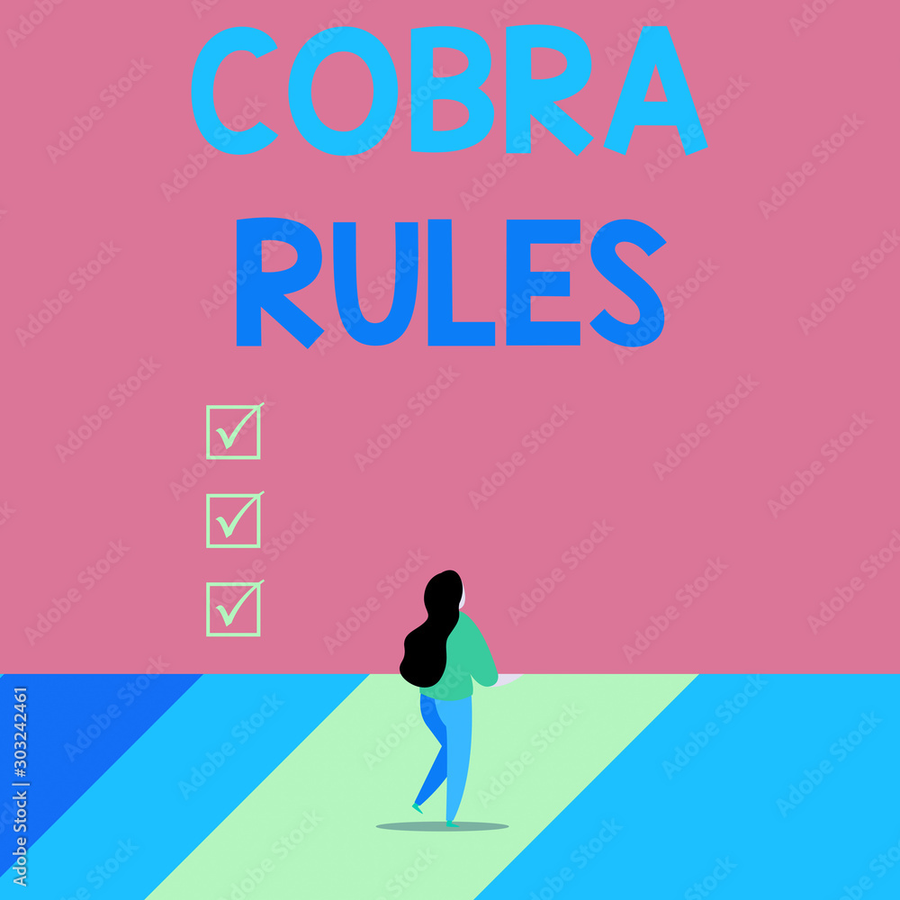 Word writing text Cobra Rules. Business photo showcasing continuing group health insurance coverage after a job loss Back view young long hair woman holding big blank square announcement Word writing text Cobra Rules. Business photo showcasing continuing group health insurance coverage after a job loss Back view young long hair woman holding big blank square announcement