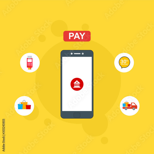 nline payment on phone vector illustration,smartphone with Payment, Security code, Payment sync, e-commerce, Global market website templates. Modern flat style design.