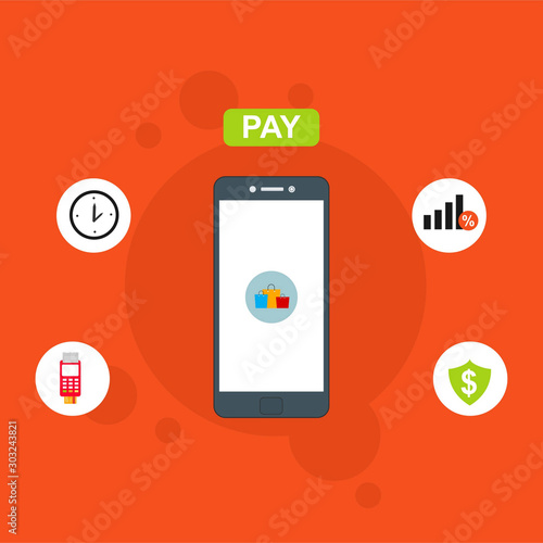 nline payment on phone vector illustration,smartphone with Payment, Security code, Payment sync, e-commerce, Global market website templates. Modern flat style design.