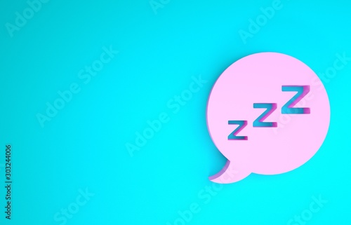 Pink Speech bubble with snoring icon isolated on blue background. Concept of sleeping, insomnia, alarm clock app, deep sleep, awakening. Minimalism concept. 3d illustration 3D render