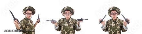 Funny soldier with knife on white
