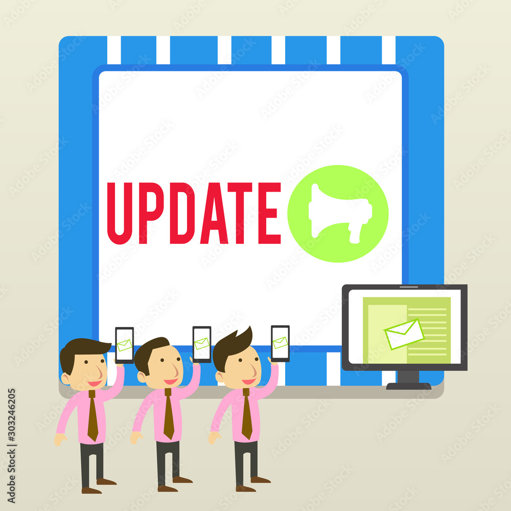 Word writing text Update. Business photo showcasing make something more modern or up to date like software programs SMS Email Marketing Media Audience Attraction Personal Computer Loudspeaker Word writing text Update. Business photo showcasing make something more modern or up to date like software programs SMS Email Marketing Media Audience Attraction Personal Computer Loudspeaker