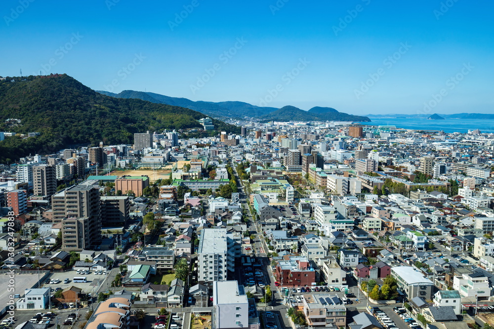Cityscape of Takamatsu city in the Seto Inland Sea ,Kagawa, Shikoku, Japan