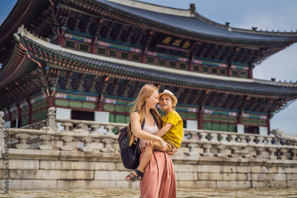 Mom and son tourists in Korea. Travel to Korea concept. Traveling with children concept