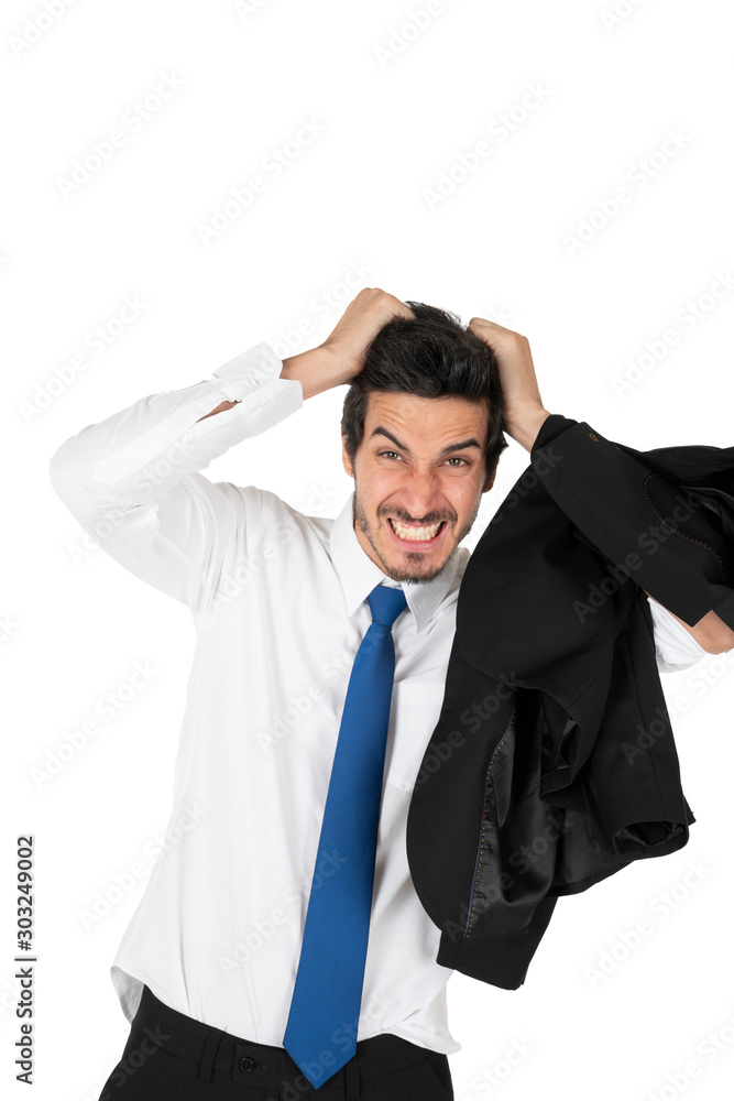 Studio shot of mature stressed businessman isolated on white background, stress concept Studio shot of mature stressed businessman isolated on white background, stress concept