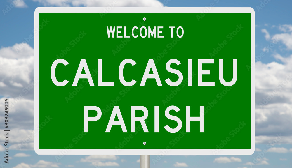 Rendering of a green 3d highway sign for Calcasieu Parish in Louisiana