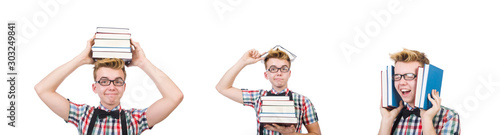 Funny student with stack of books