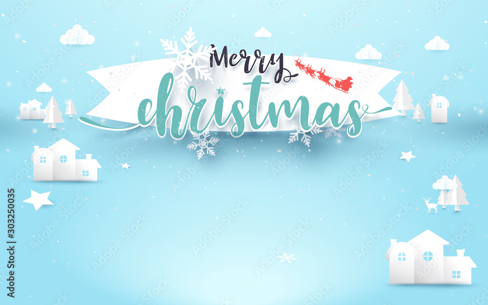 Christmas Calligraphy banner. Winter landscape town on soft blue background