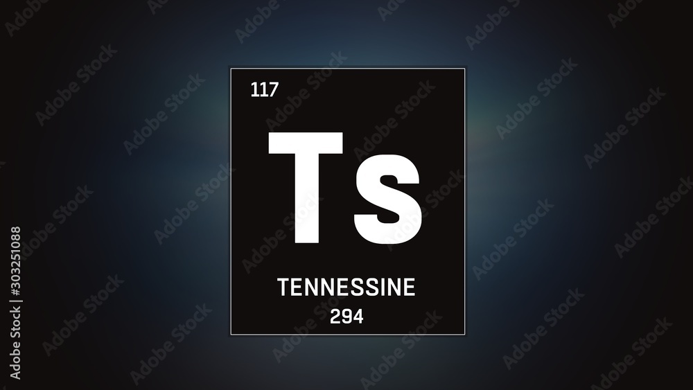 3D illustration of Tennessine as Element 117 of the Periodic Table. Grey illuminated atom design background with orbiting electrons. Design shows name, atomic weight and element number 3D illustration of Tennessine as Element 117 of the Periodic Table. Grey illuminated atom design background with orbiting electrons. Design shows name, atomic weight and element number
