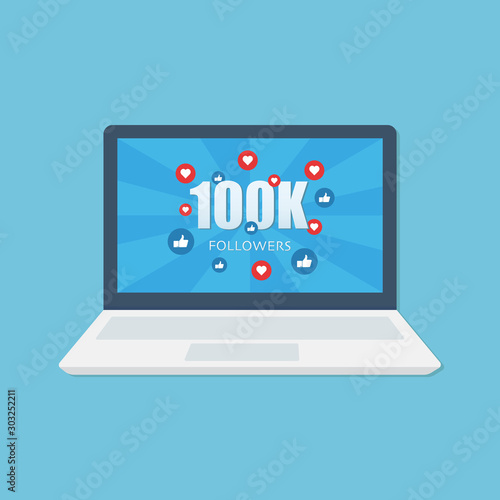 Thank you followers on the laptop screen. Achievement. Concept for social networks, promotion and advertising. Flat design vector illustration.