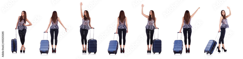 Woman with suitcase in travel concept isolated on white Woman with suitcase in travel concept isolated on white