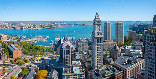 Tablou pe pânză Boston Custom House and harbor waterfront aerial view panorama, Boston, Massachusetts, MA, USA