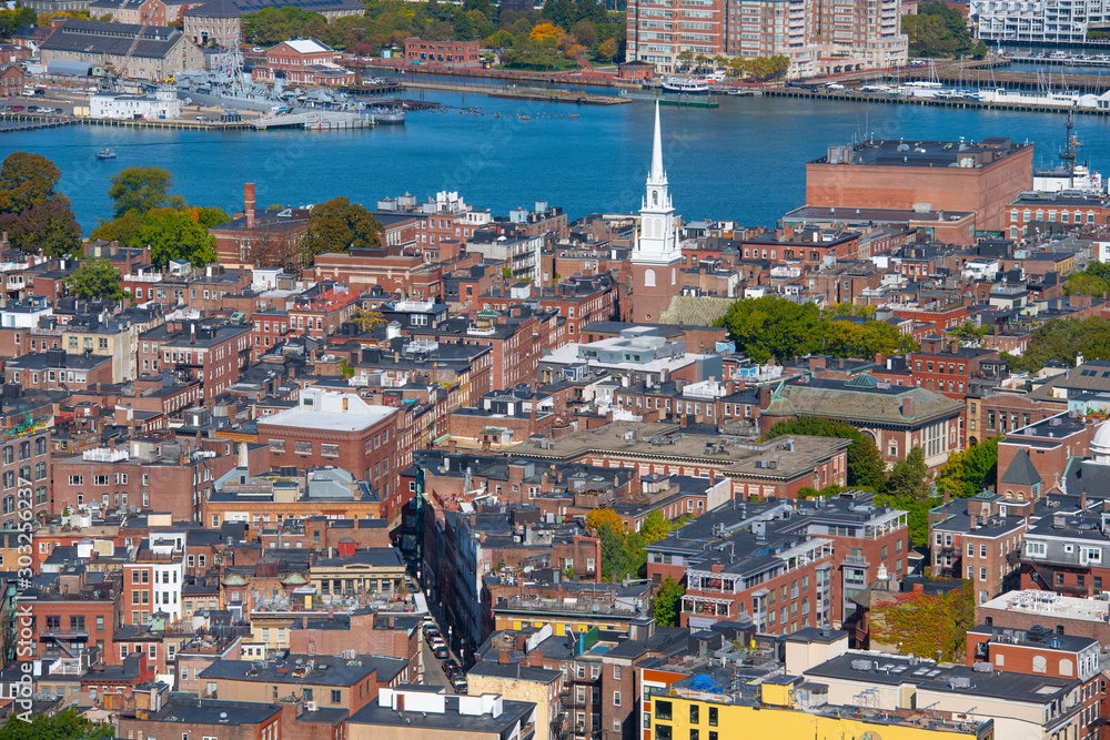 Boston North End, Old North Church and Italian Community aerial view, Boston, Massachusetts, MA, USA.