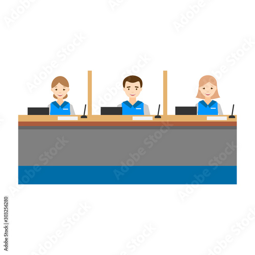 Bank operators behind the counter. Customer service of the bank. Flat design.