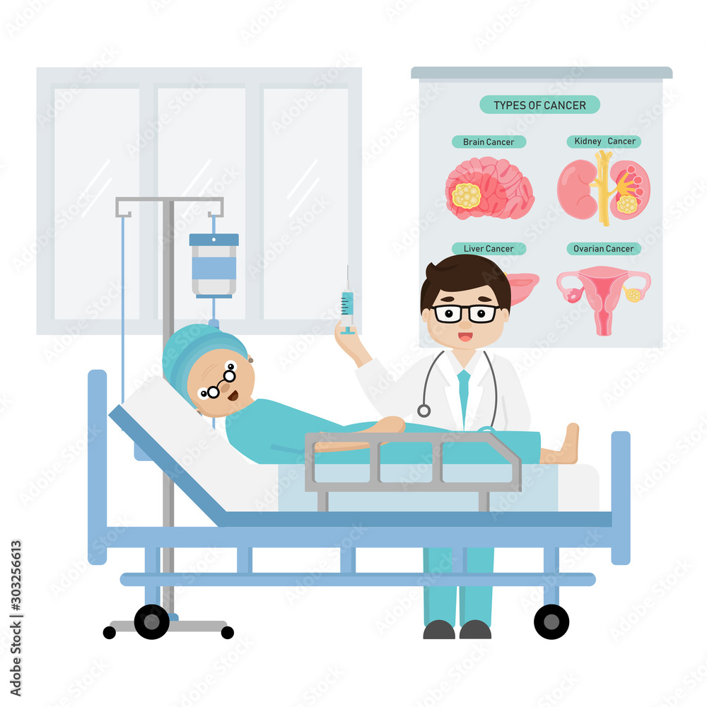 Doctor and Senior woman with cancer lying in a hospital bed. Vector illustration in cartoon style Doctor and Senior woman with cancer lying in a hospital bed. Vector illustration in cartoon style