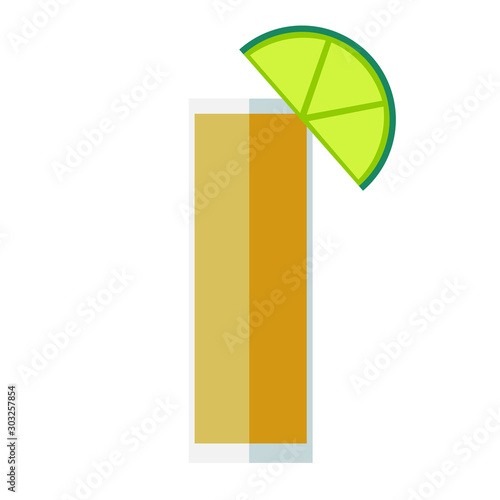 shot of tequila. Wedge of lime. Flat design.