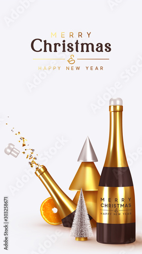 Christmas abstract background. Realistic design objects, explosion cork from bottle champagne wines, 3d render metal conical golden tree, lush green decorative tree, orange, glitter gold confetti