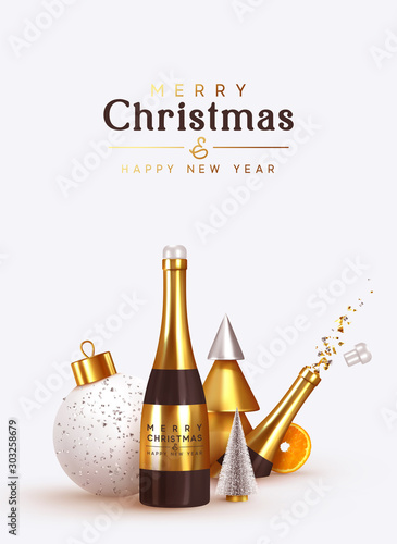 Christmas abstract background. Realistic design objects, explosion cork from bottle champagne wines, 3d render metal conical golden tree, lush green tree, orange, white big ball, glitter gold confetti