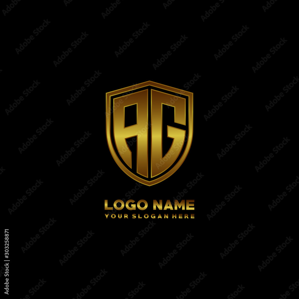 Initial letters AG shield shape gold monogram logo. Shield Secure Safe logo design inspiration