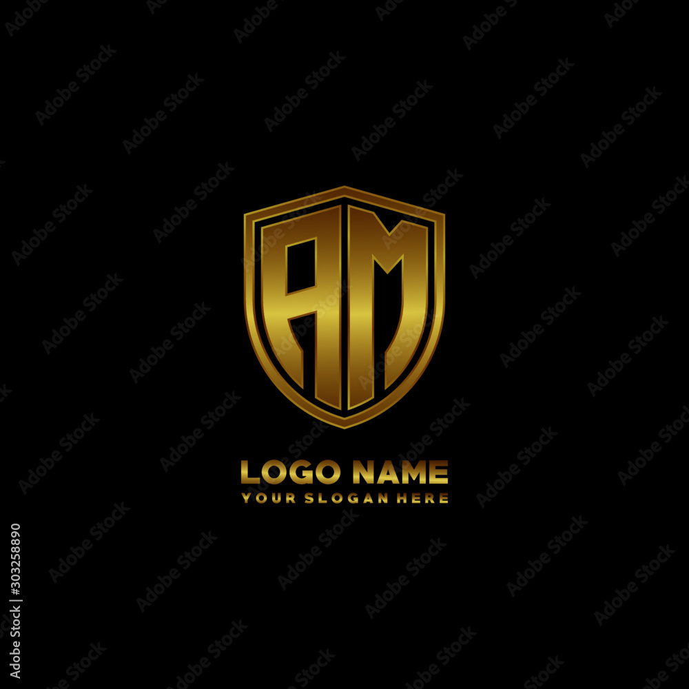 Initial letters AM shield shape gold monogram logo. Shield Secure Safe logo design inspiration Initial letters AM shield shape gold monogram logo. Shield Secure Safe logo design inspiration