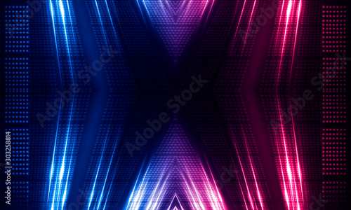 Background of an empty show scene. Empty dark abstract background. Glow of neon lights on an empty stage. Night view