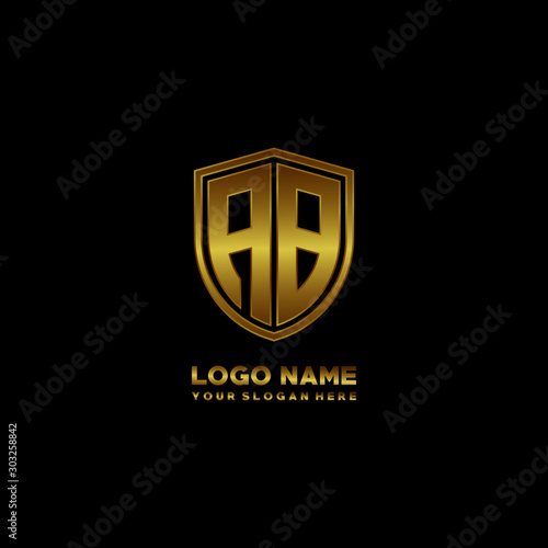 Initial letters AB shield shape gold monogram logo. Shield Secure Safe logo design inspiration