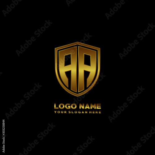 Initial letters AA shield shape gold monogram logo. Shield Secure Safe logo design inspiration