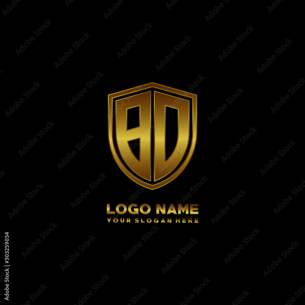 Initial letters BO shield shape gold monogram logo. Shield Secure Safe logo design inspiration Initial letters BO shield shape gold monogram logo. Shield Secure Safe logo design inspiration