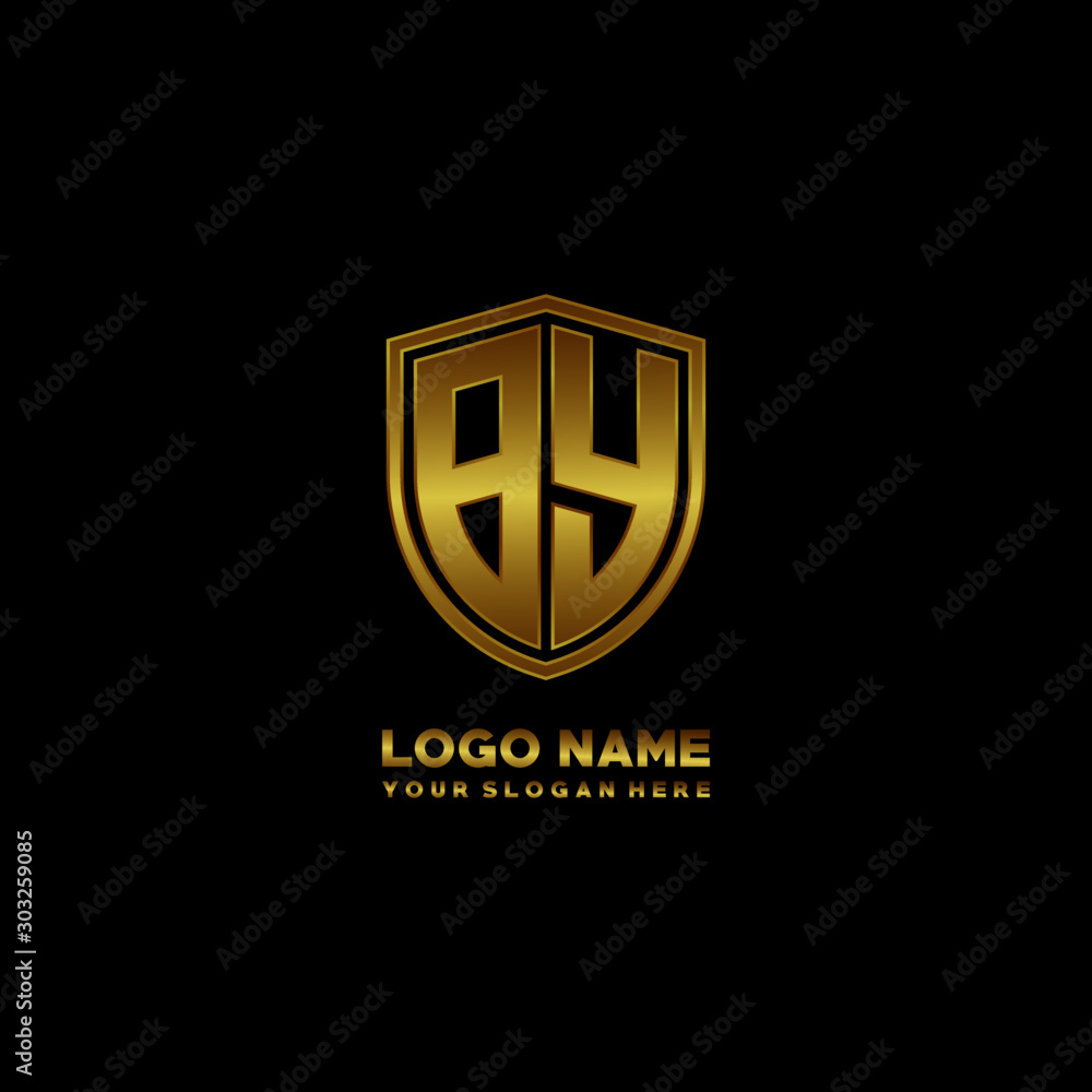 Initial letters BY shield shape gold monogram logo. Shield Secure Safe logo design inspiration Initial letters BY shield shape gold monogram logo. Shield Secure Safe logo design inspiration