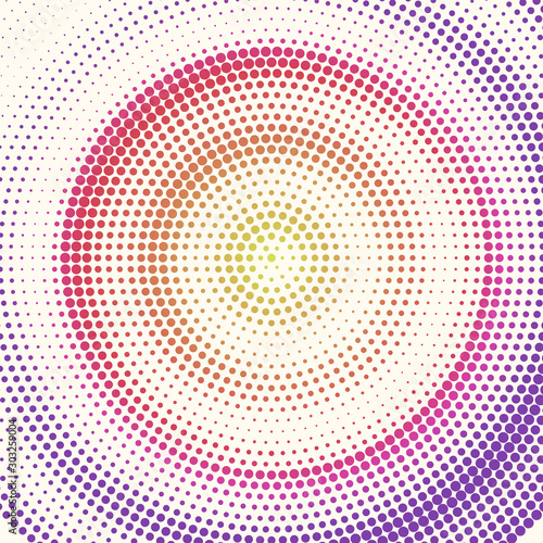 Radial halftone pattern from colored dots. Retro colors on halftone background. Vector illustration, EPS10