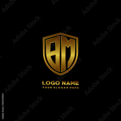 Initial letters BN shield shape gold monogram logo. Shield Secure Safe logo design inspiration