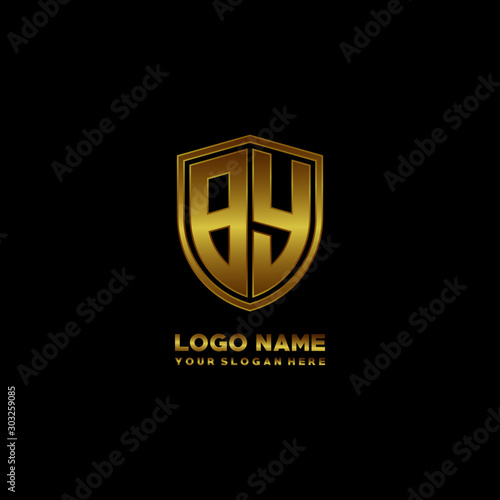 Initial letters BY shield shape gold monogram logo. Shield Secure Safe logo design inspiration