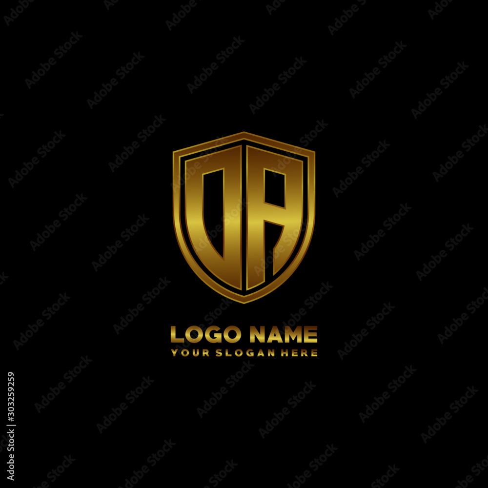 Initial letters DA shield shape gold monogram logo. Shield Secure Safe logo design inspiration Initial letters DA shield shape gold monogram logo. Shield Secure Safe logo design inspiration