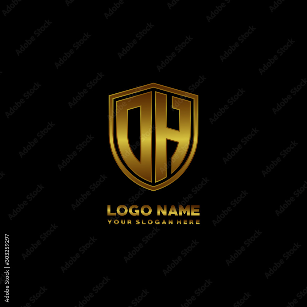 Initial letters DH shield shape gold monogram logo. Shield Secure Safe logo design inspiration Initial letters DH shield shape gold monogram logo. Shield Secure Safe logo design inspiration