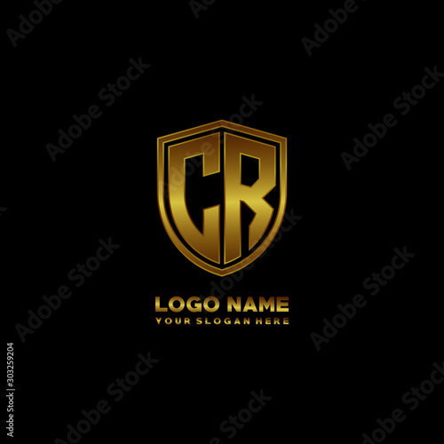 Initial letters CR shield shape gold monogram logo. Shield Secure Safe logo design inspiration