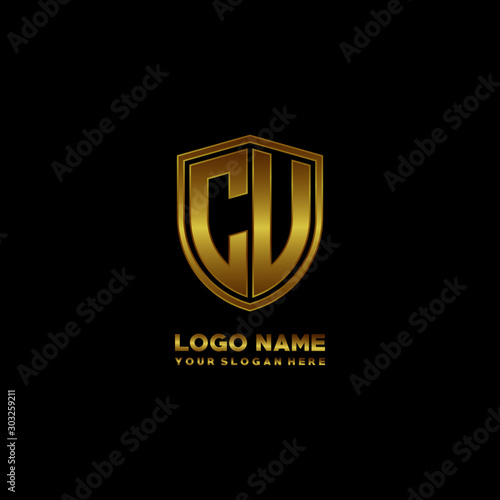 Initial letters CU, CV shield shape gold monogram logo. Shield Secure Safe logo design inspiration