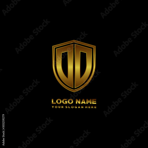 Initial letters DD shield shape gold monogram logo. Shield Secure Safe logo design inspiration