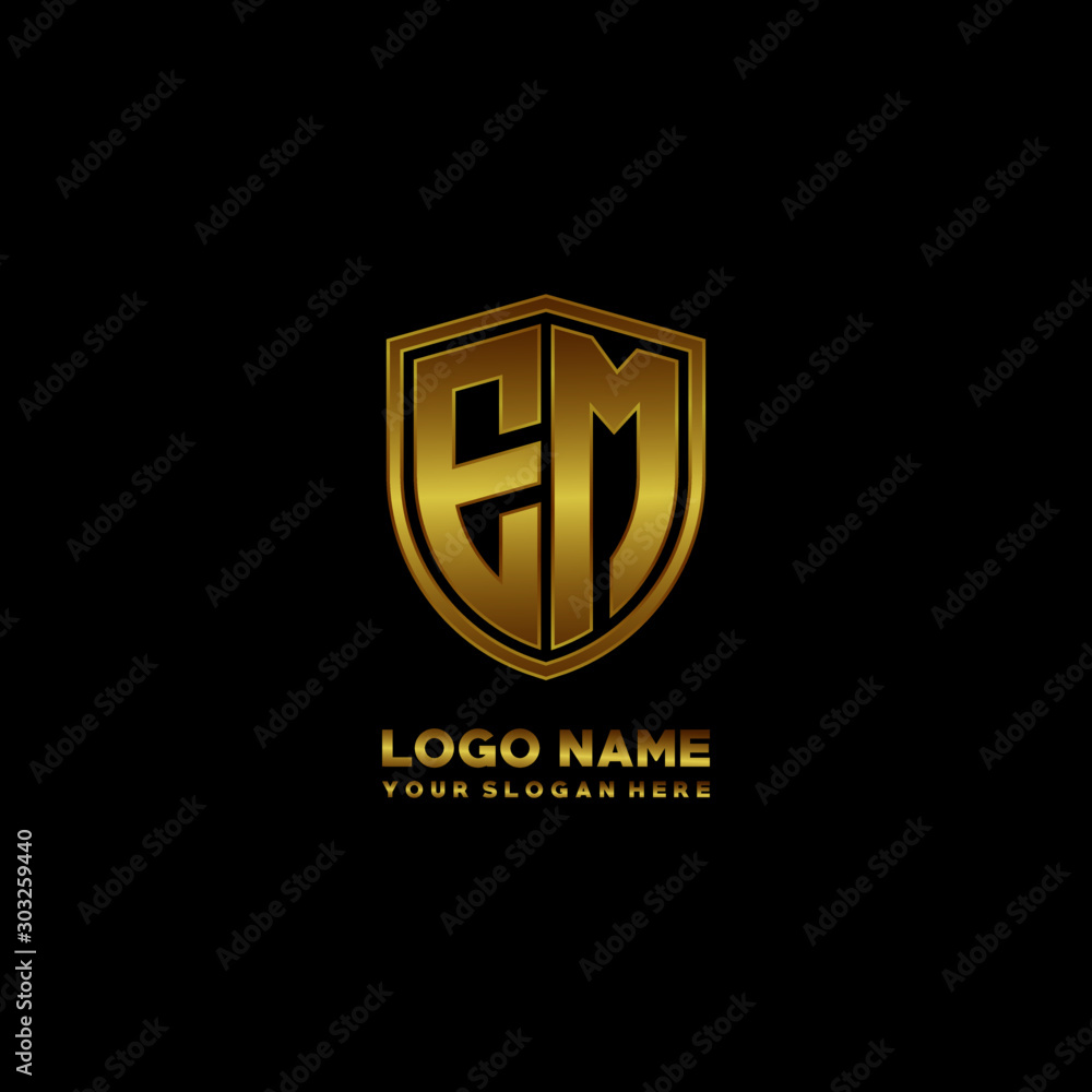 Initial letters EM shield shape gold monogram logo. Shield Secure Safe logo design inspiration Initial letters EM shield shape gold monogram logo. Shield Secure Safe logo design inspiration