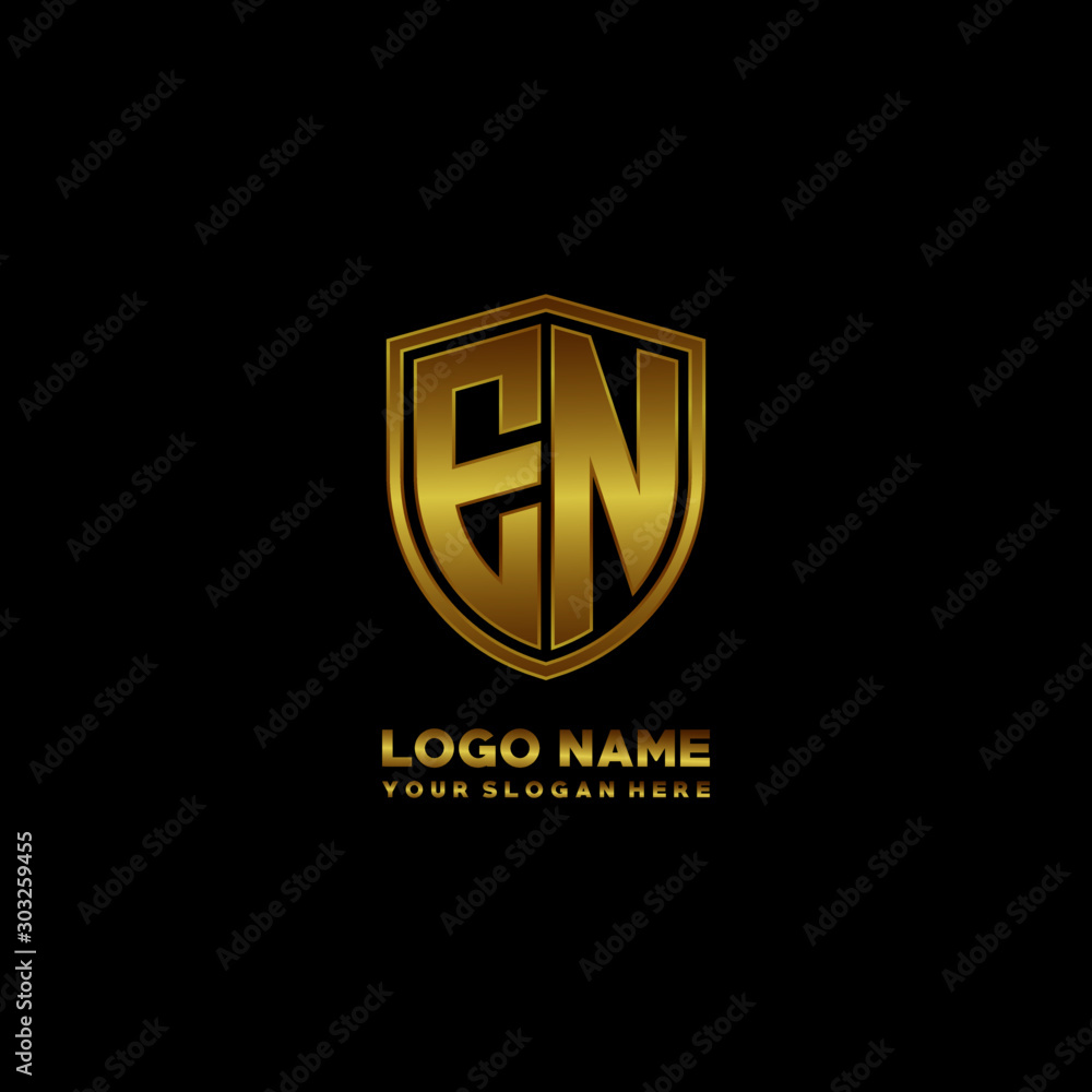 Initial letters EN shield shape gold monogram logo. Shield Secure Safe logo design inspiration Initial letters EN shield shape gold monogram logo. Shield Secure Safe logo design inspiration