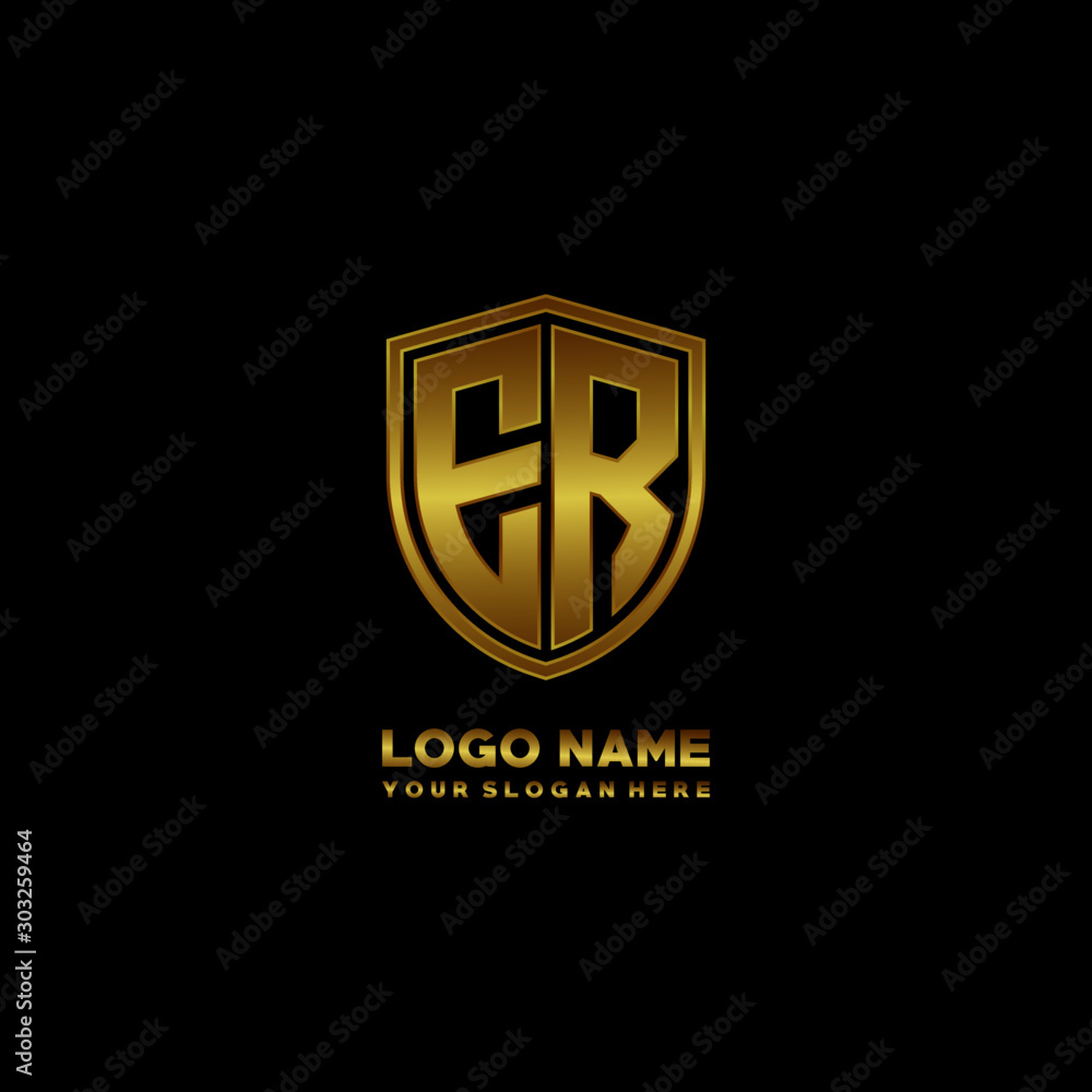 Initial letters ER shield shape gold monogram logo. Shield Secure Safe logo design inspiration Initial letters ER shield shape gold monogram logo. Shield Secure Safe logo design inspiration