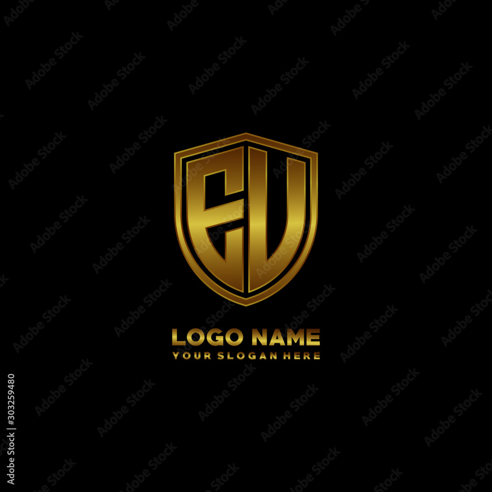Initial letters EU, EV shield shape gold monogram logo. Shield Secure Safe logo design inspiration Initial letters EU, EV shield shape gold monogram logo. Shield Secure Safe logo design inspiration