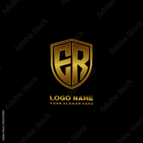 Initial letters ER shield shape gold monogram logo. Shield Secure Safe logo design inspiration