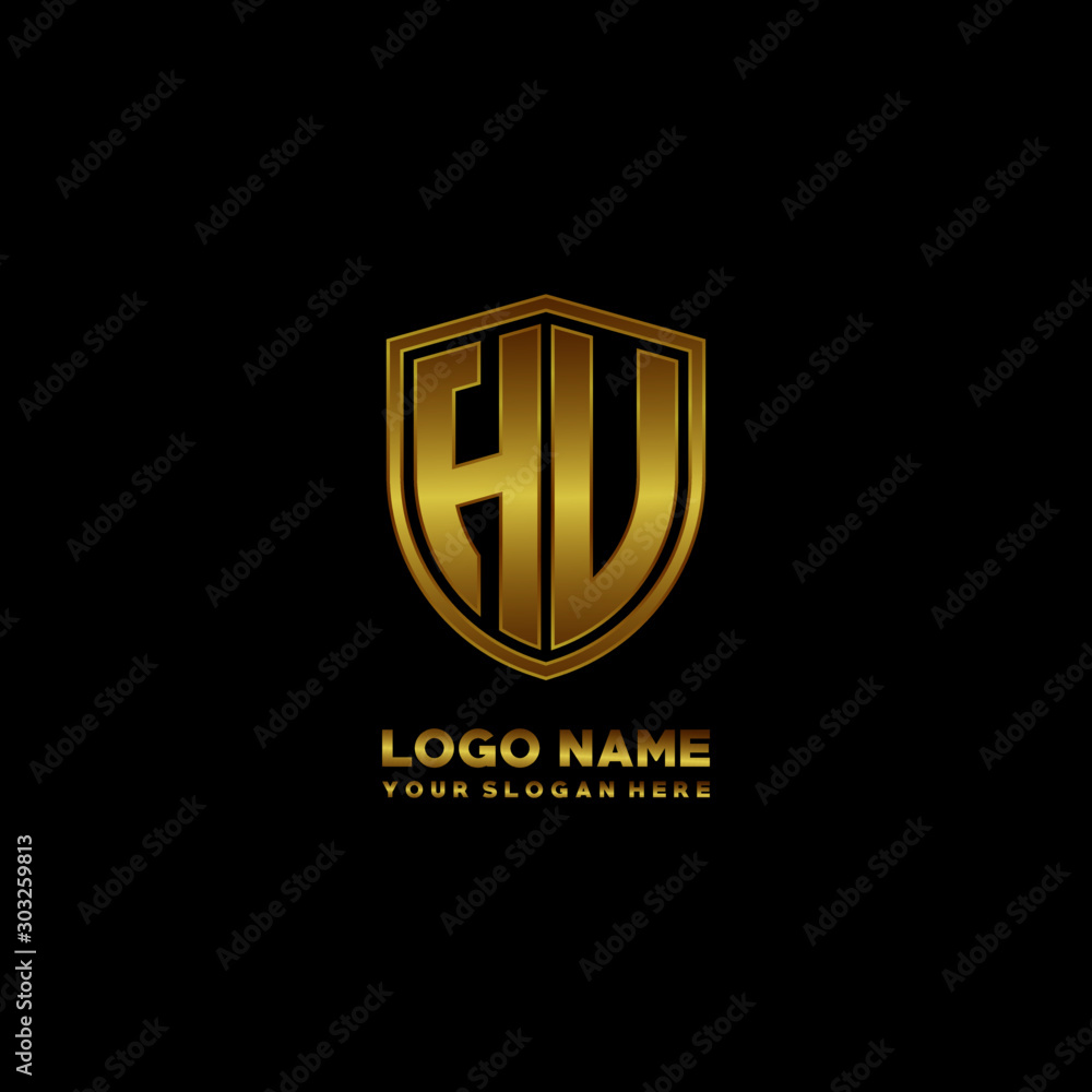 Initial letters HU, HV shield shape gold monogram logo. Shield Secure Safe logo design inspiration Initial letters HU, HV shield shape gold monogram logo. Shield Secure Safe logo design inspiration