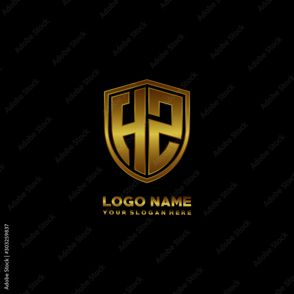Initial letters HZ shield shape gold monogram logo. Shield Secure Safe logo design inspiration Initial letters HZ shield shape gold monogram logo. Shield Secure Safe logo design inspiration