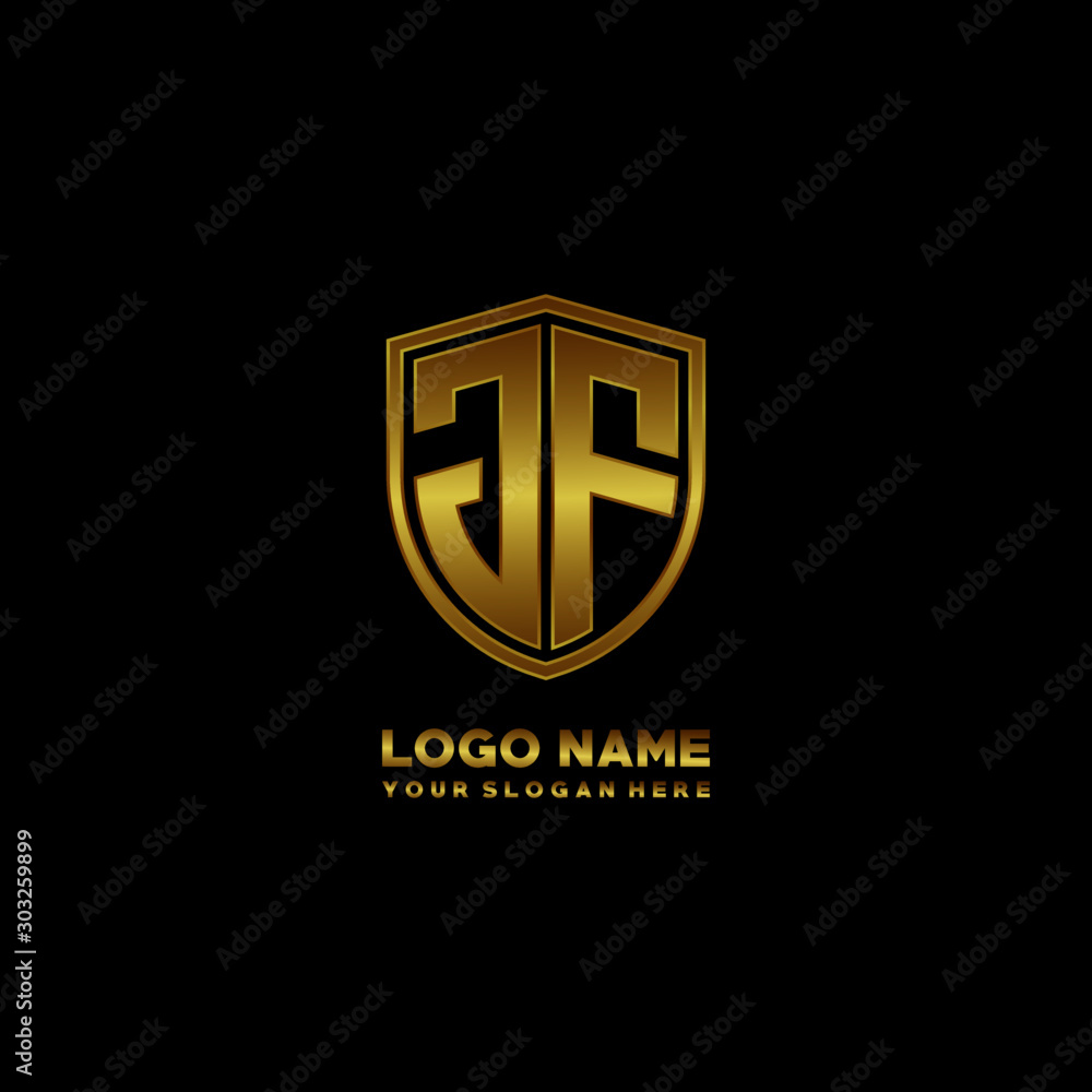 Initial letters JF shield shape gold monogram logo. Shield Secure Safe logo design inspiration Initial letters JF shield shape gold monogram logo. Shield Secure Safe logo design inspiration