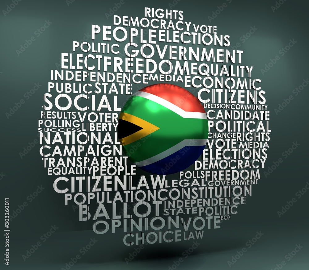 Words cloud relative for voting. Circle frame. Flag of the South Africa. 3D rendering