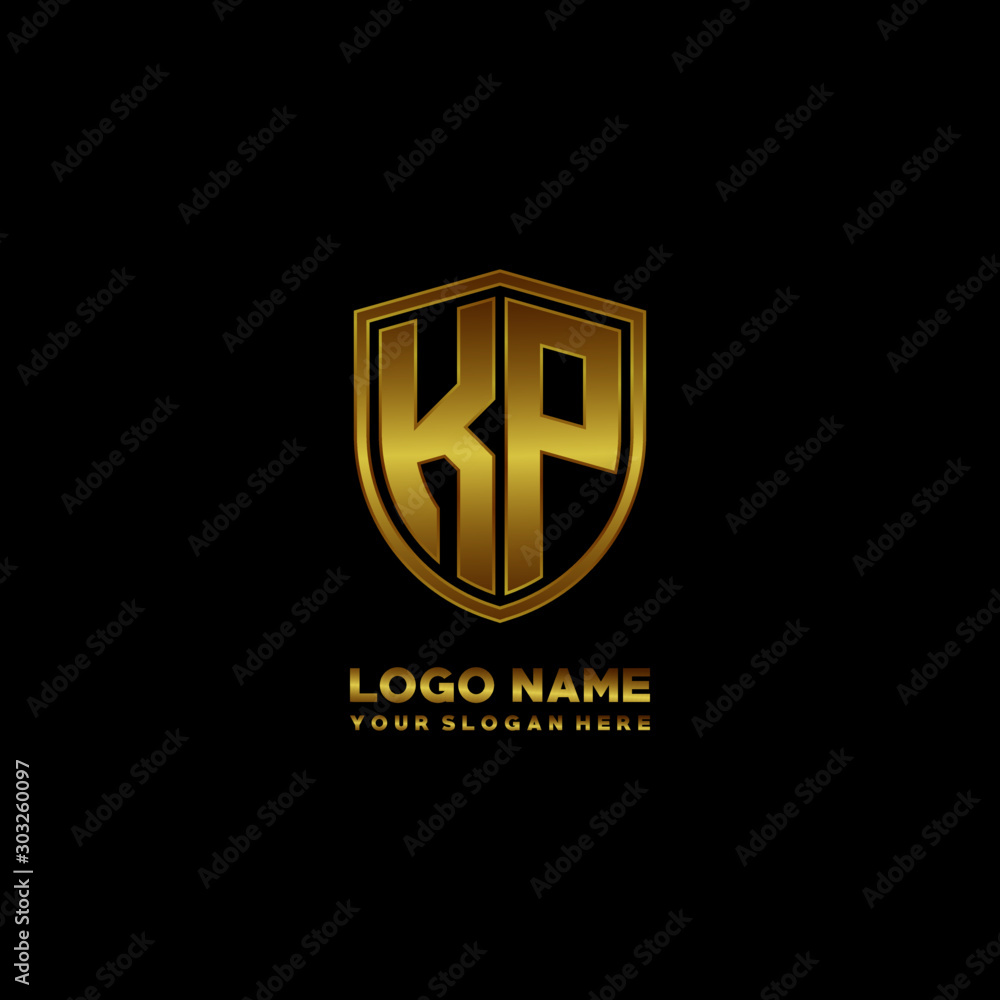 Initial letters KP shield shape gold monogram logo. Shield Secure Safe logo design inspiration Initial letters KP shield shape gold monogram logo. Shield Secure Safe logo design inspiration