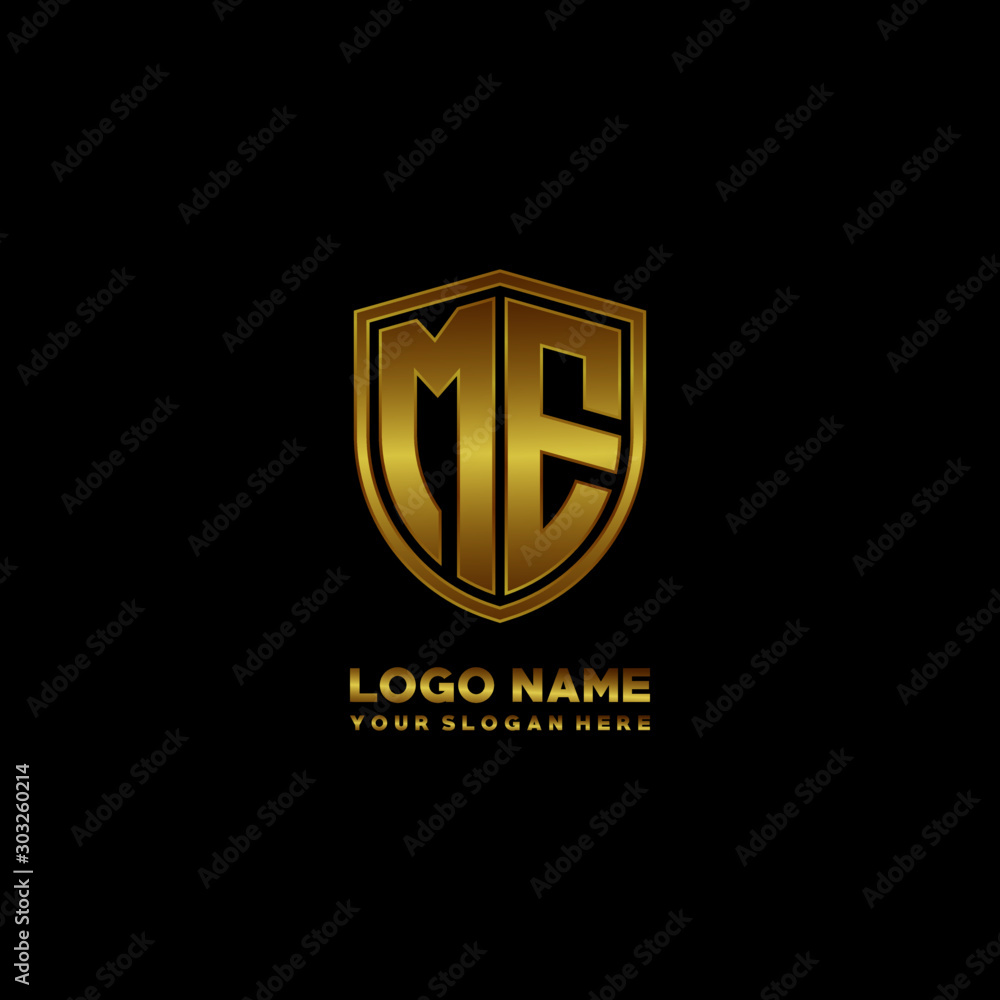 Initial letters ME shield shape gold monogram logo. Shield Secure Safe logo design inspiration Initial letters ME shield shape gold monogram logo. Shield Secure Safe logo design inspiration