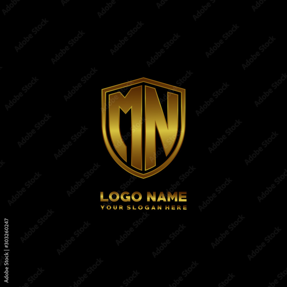 Initial letters MN shield shape gold monogram logo. Shield Secure Safe logo design inspiration Initial letters MN shield shape gold monogram logo. Shield Secure Safe logo design inspiration